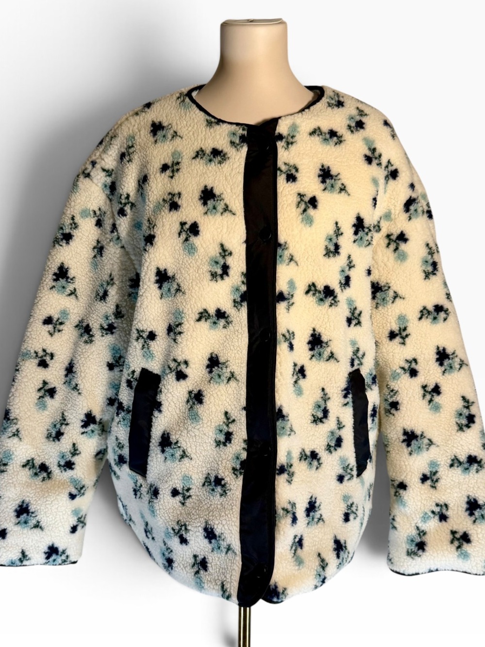 Sherpa Fleece Puffer Jacket Floral Cream Light Blue Oversized Soomi Label L